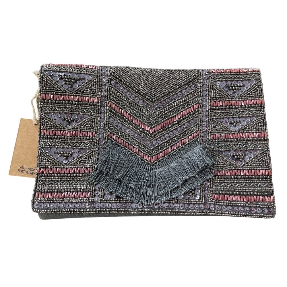Capelli New York Hand Woven Beaded Clutch Bag Chain Strap Gray Embellished NEW